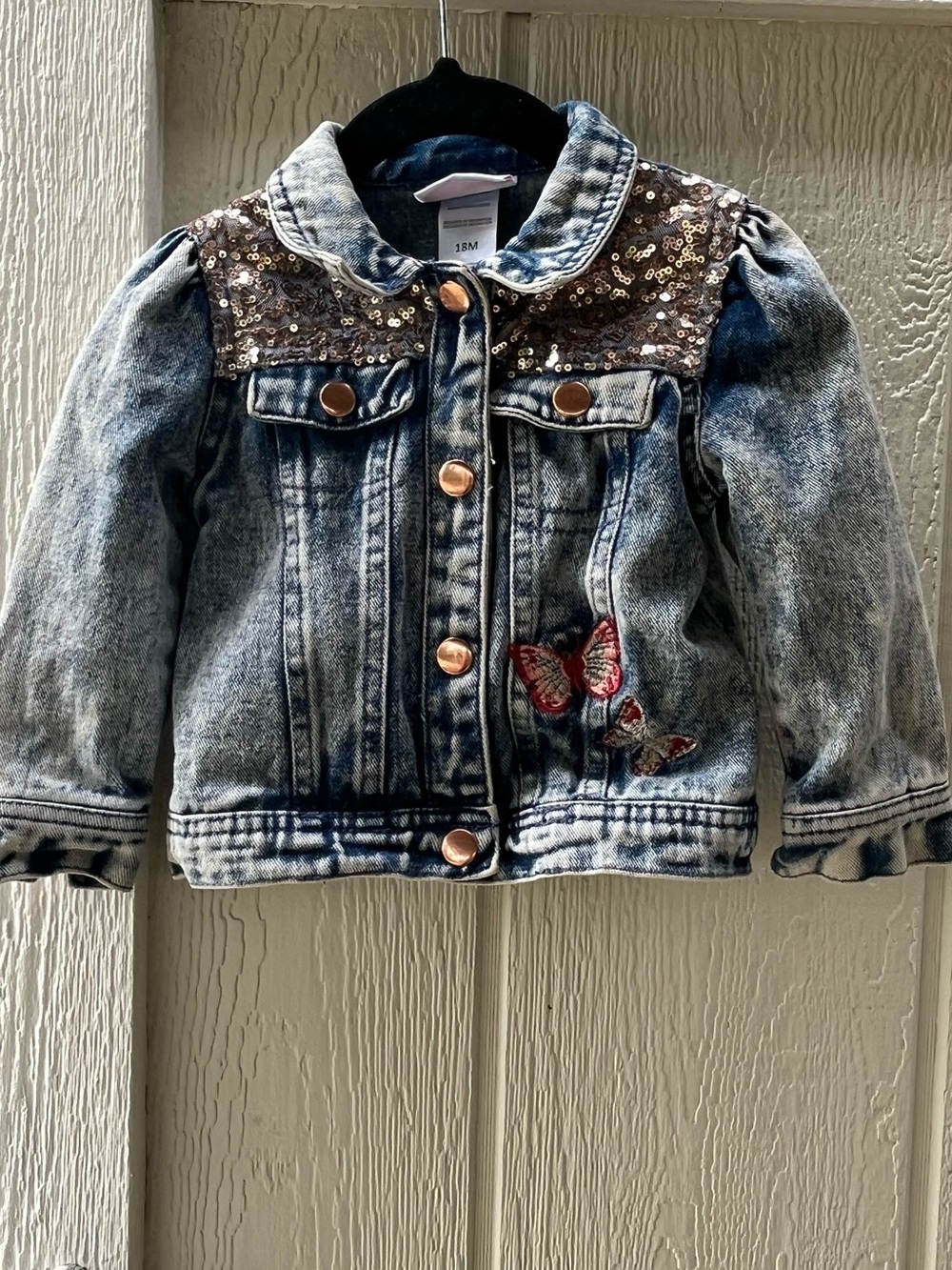 Little Lass Light Blue Denim Jacket with Sequin Yoke and Butterfly Embroidery